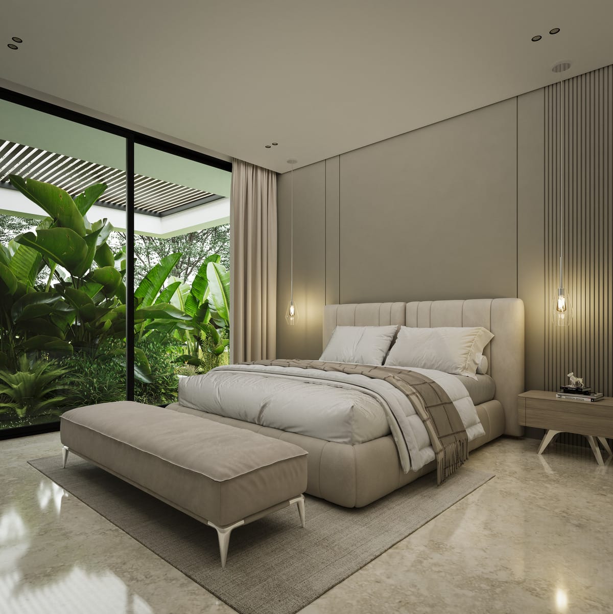 Vista renderizada de dormitorio principal con cama tapizada, revestimiento vertical y gran ventanal abierto hacia la vegetación.