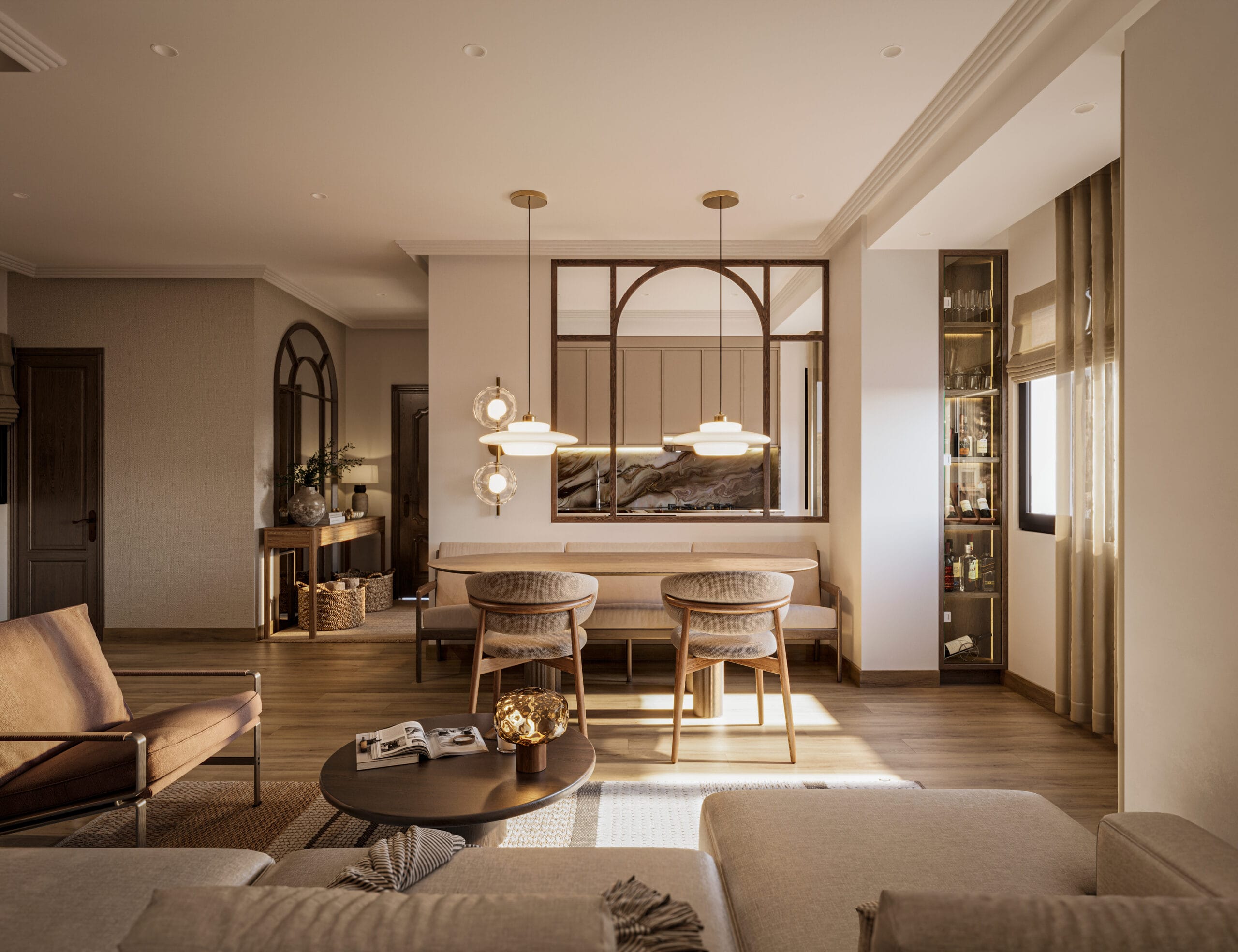 Vista renderizada de comedor y cocina integrados, con luminarias suspendidas, mobiliario claro y elemento arqueado al fondo.
